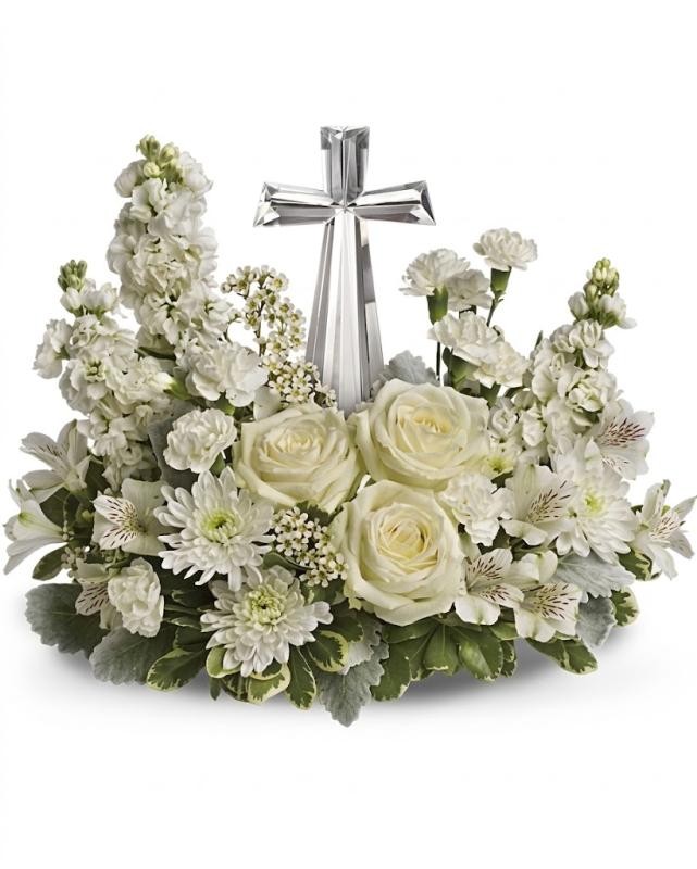 An image of Teleflora's Divine Peace Crystal Cross Arrangement Standard