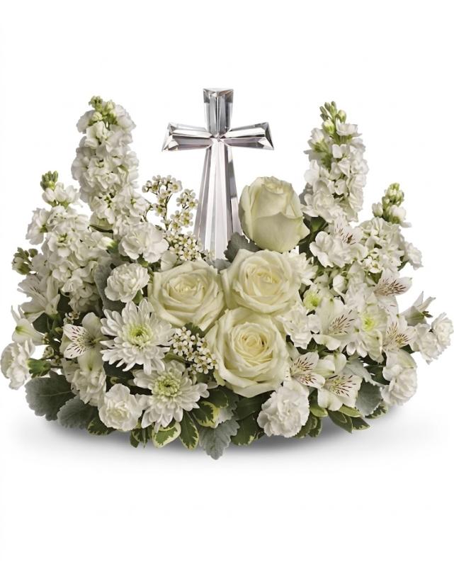 An image of Teleflora's Divine Peace Crystal Cross Arrangement Standard