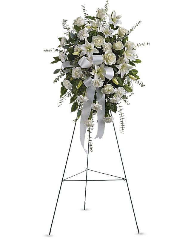 An image of Sentiments of Serenity Standing Easel Funeral Spray Arrangement